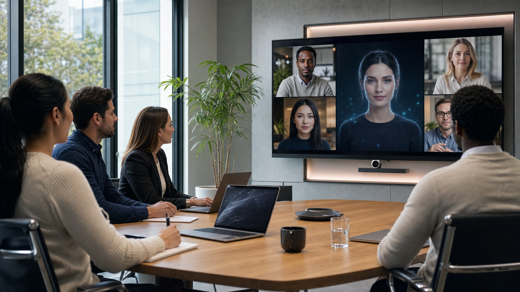 Realistic hybrid meeting with Laura joining as an AI expert